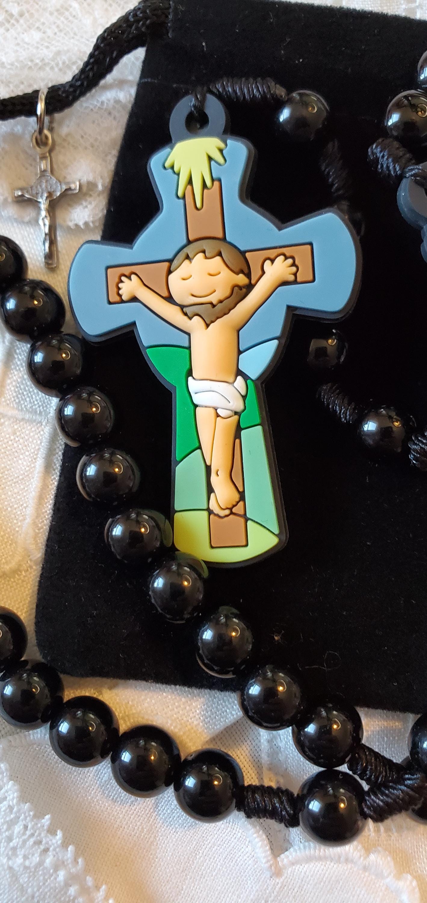 Children's Blue Guardian Angel Rosary Gift Set: Catholic First Communion knotted rosary children's prayer card velvet bag with crucifix