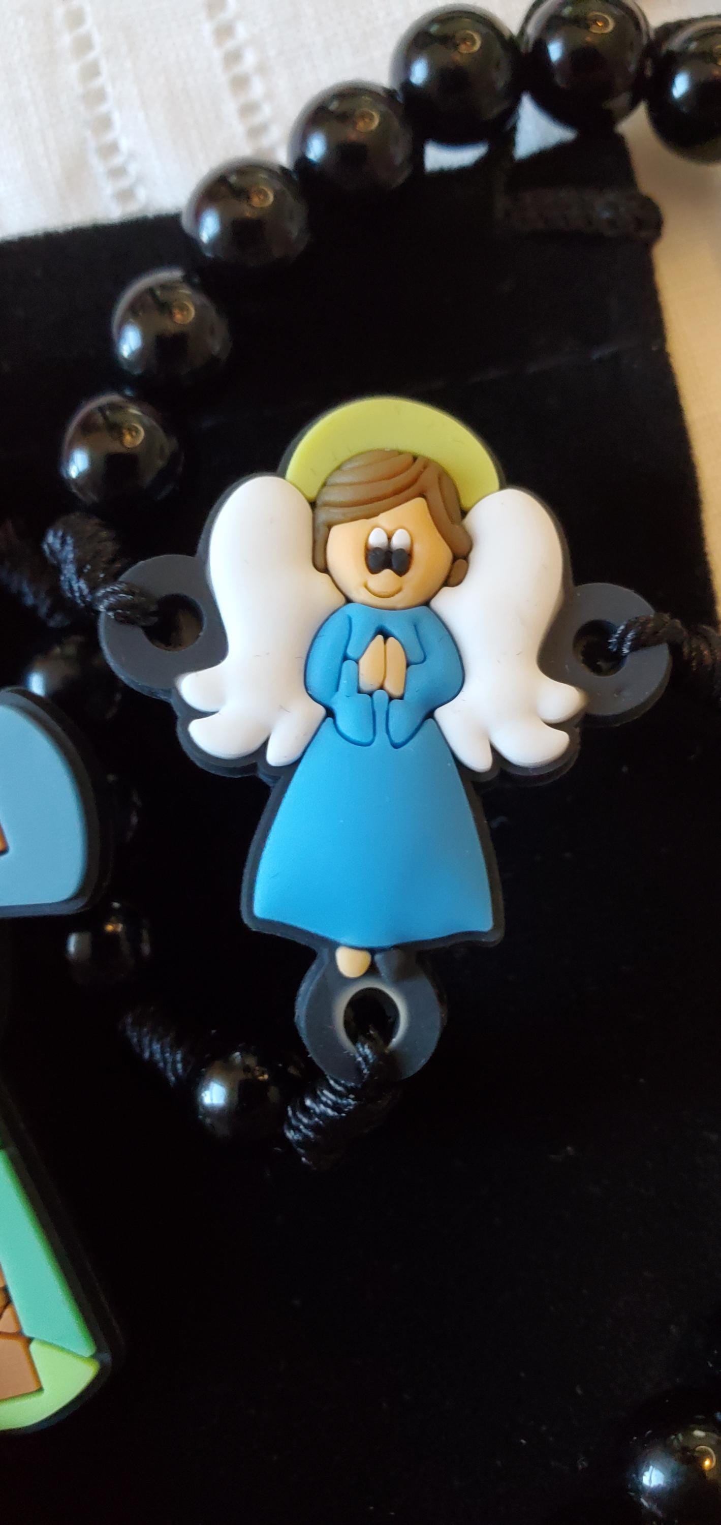 Children's Blue Guardian Angel Rosary Gift Set: Catholic First Communion knotted rosary children's prayer card velvet bag with crucifix