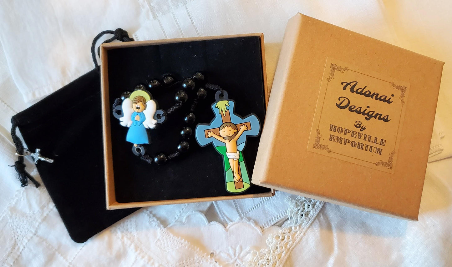Children's Blue Guardian Angel Rosary Gift Set: Catholic First Communion knotted rosary children's prayer card velvet bag with crucifix