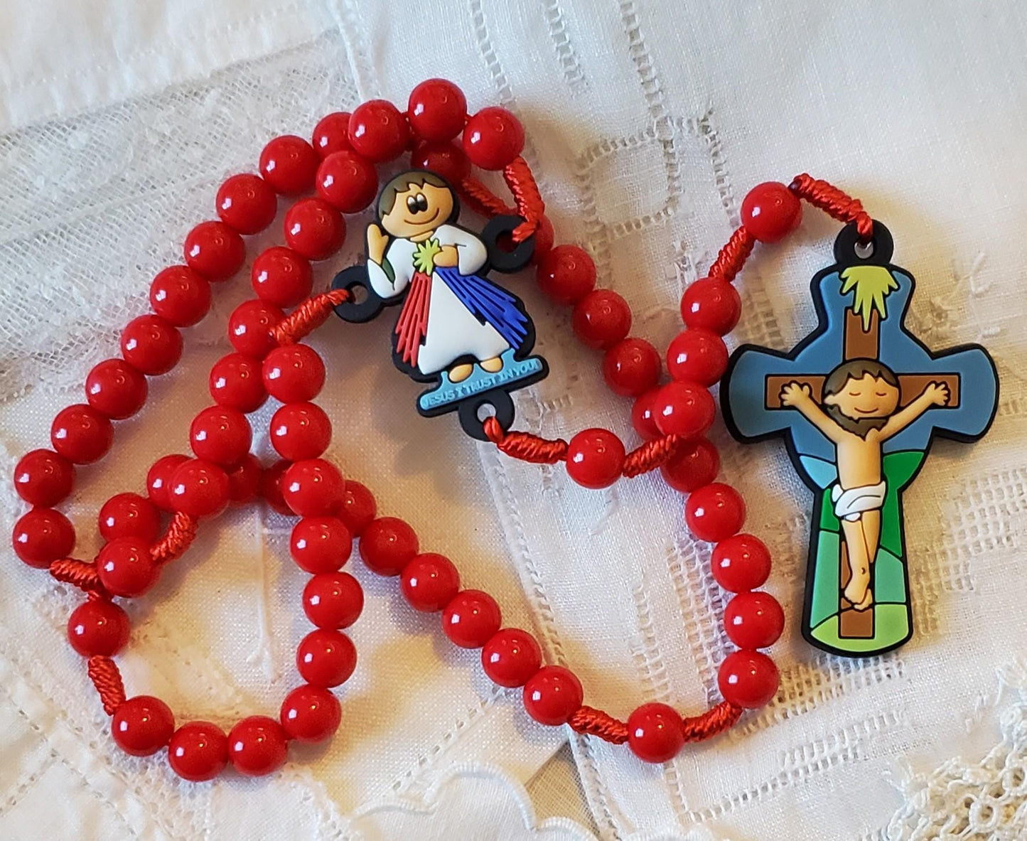 Children's Divine Mercy Rosary Gift Set: Catholic First Communion knotted rosary children's prayer card velvet bag with crucifix gift box