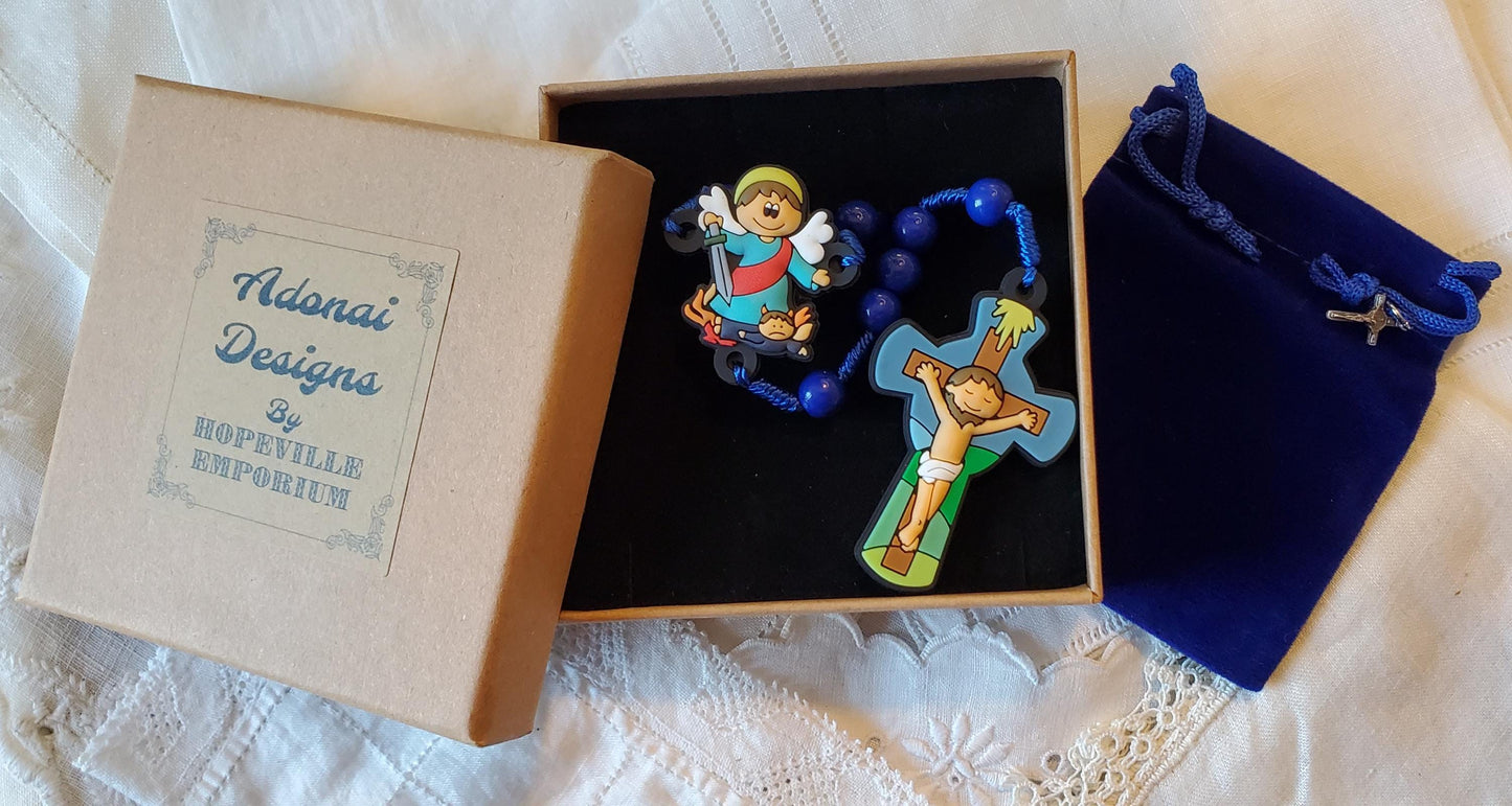 Children's Saint Michael Archangel Rosary Gift Set: Catholic First Communion knotted rosary children's prayer card velvet bag with crucifix