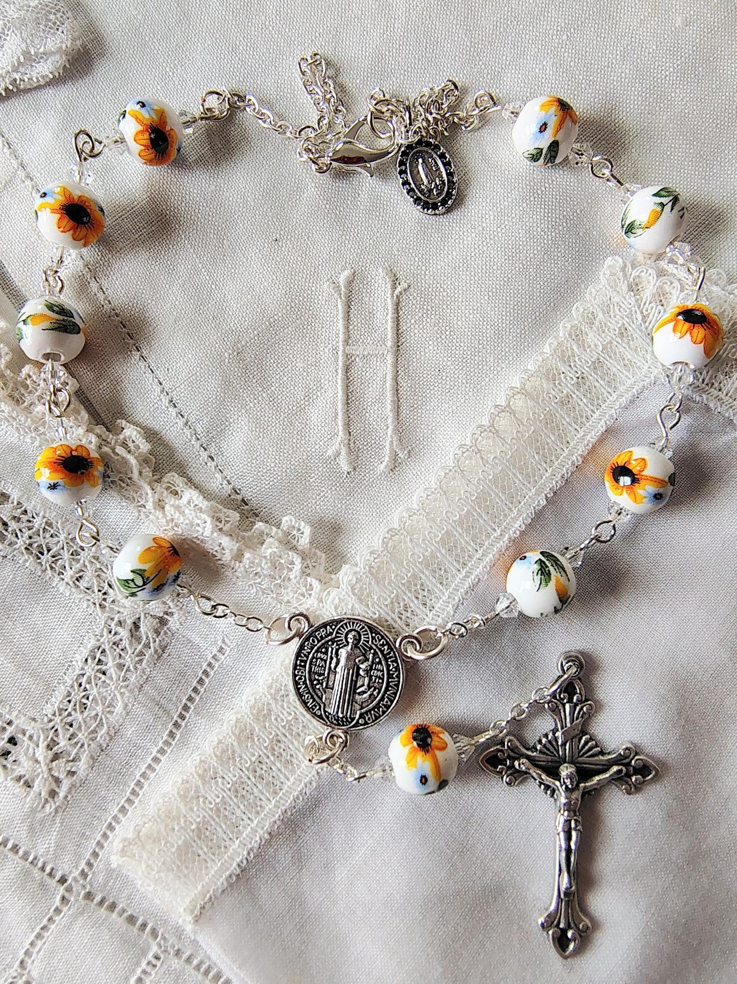 Saint Julie Billiart hand pinned Car Rosary Ceramic Sunflower Beads Fatima Medal Czech Crystal handmade prayer card sunburst flared Crucifix