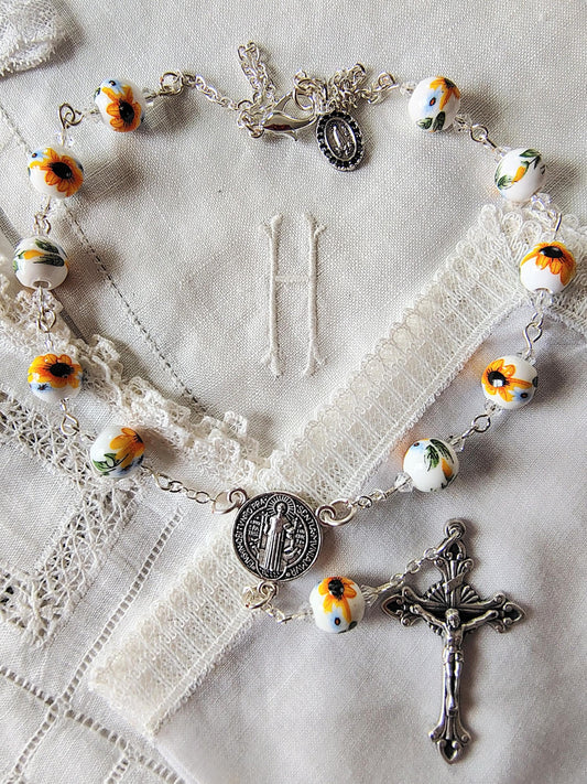 Saint Julie Billiart hand pinned Car Rosary Ceramic Sunflower Beads Fatima Medal Czech Crystal handmade prayer card sunburst flared Crucifix
