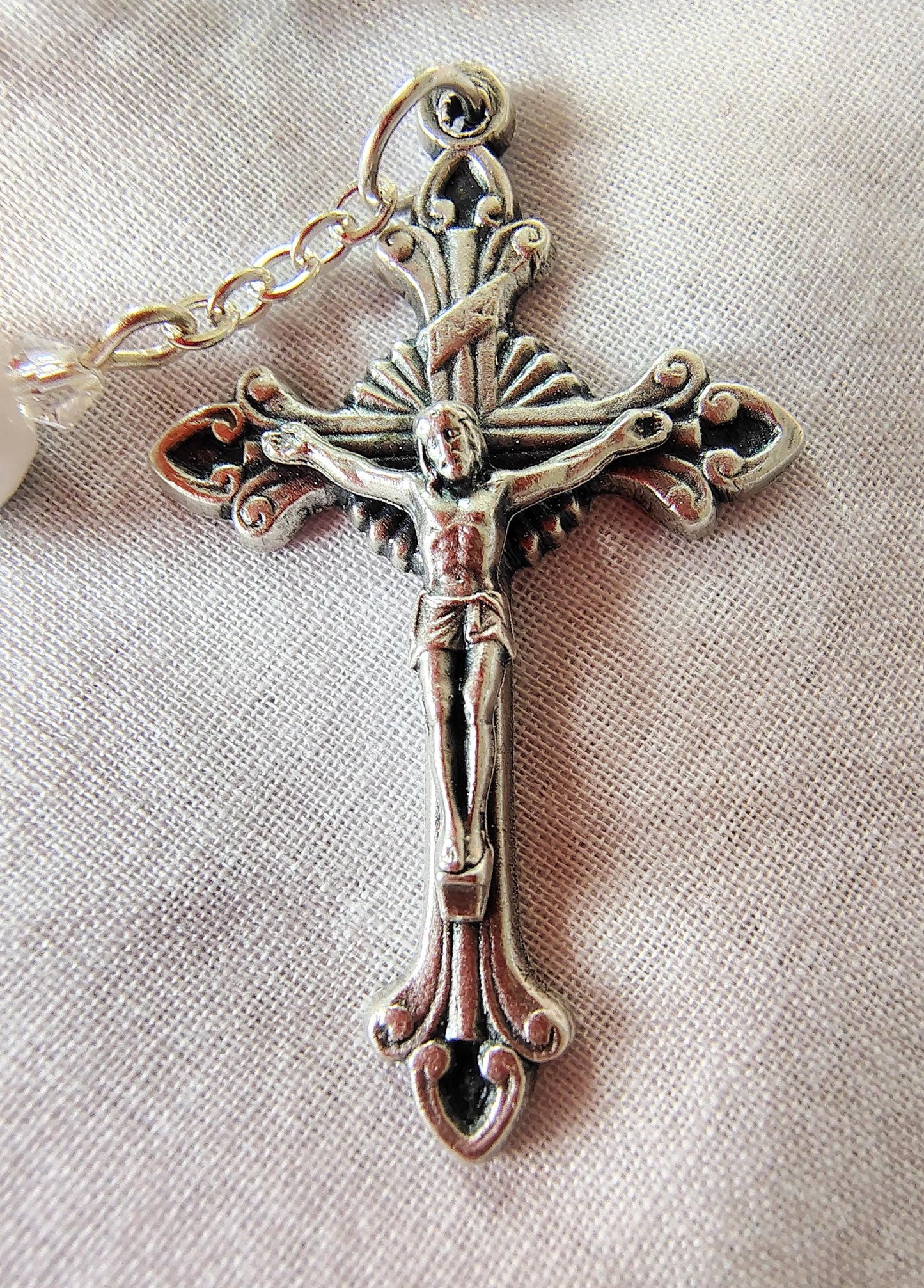 Saint Julie Billiart hand pinned Car Rosary Ceramic Sunflower Beads Fatima Medal Czech Crystal handmade prayer card sunburst flared Crucifix