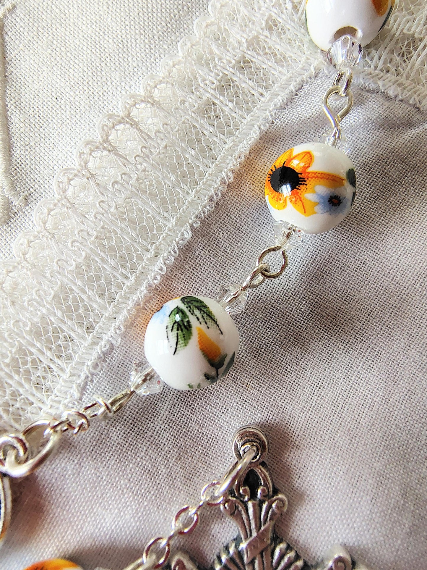 Saint Julie Billiart hand pinned Car Rosary Ceramic Sunflower Beads Fatima Medal Czech Crystal handmade prayer card sunburst flared Crucifix