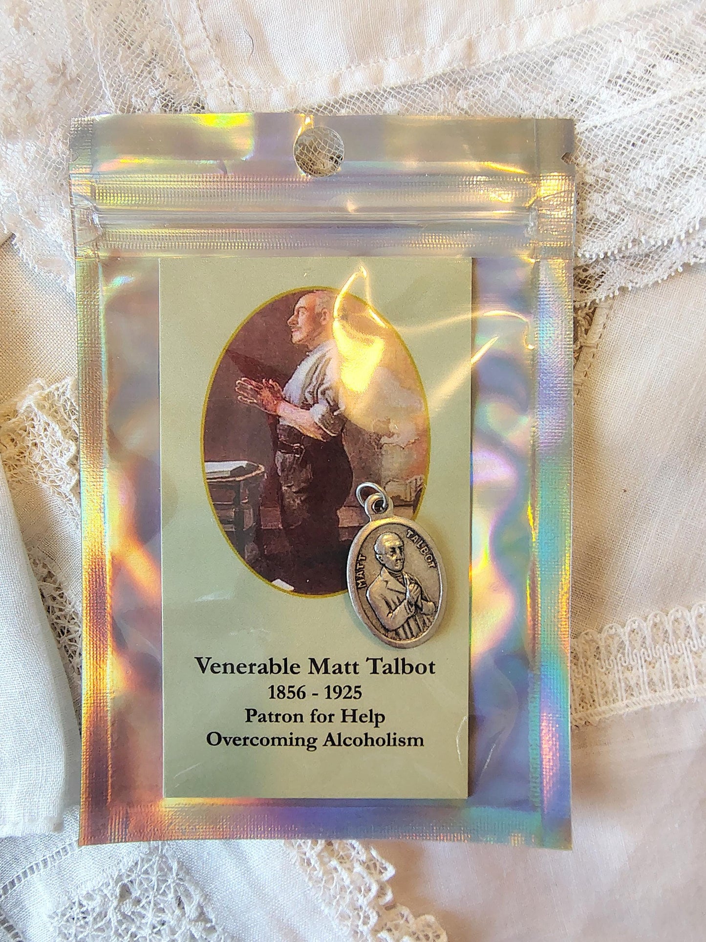 Venerable Matt Talbot imported Italian Medal & Prayer Card Set Sobriety Gift, Patron Saint of Alcohol recovery mylar envelope