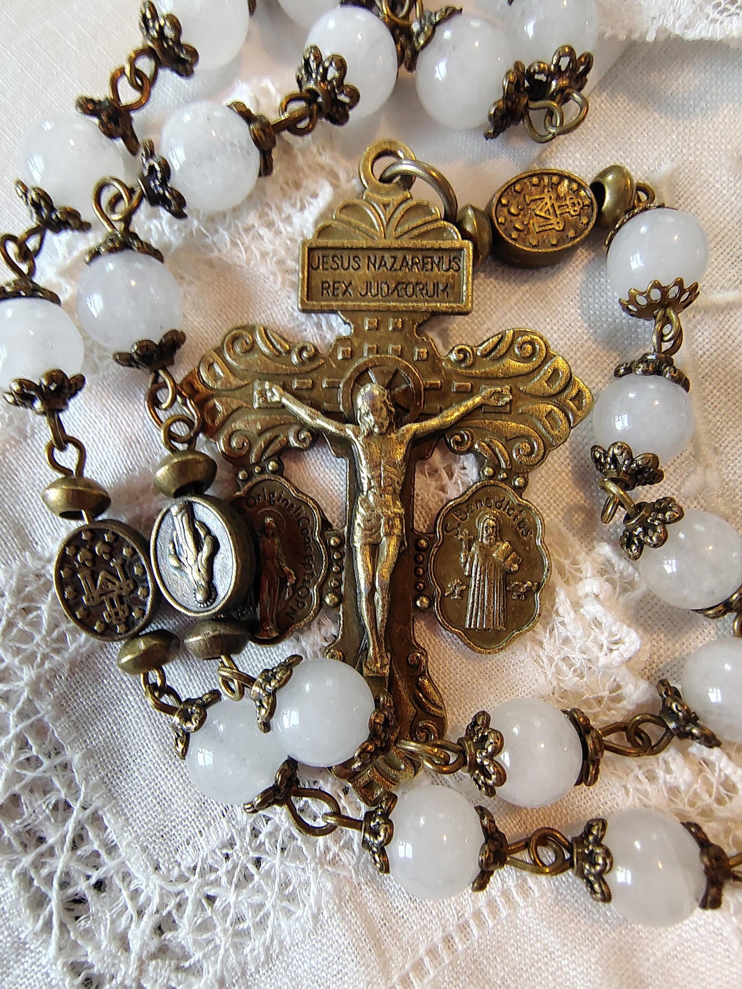 Saint Charbel Rosary White Jade Beads Bronze Tone accents gift packaged handmade Centerpiece with image of Saint Prayer Card