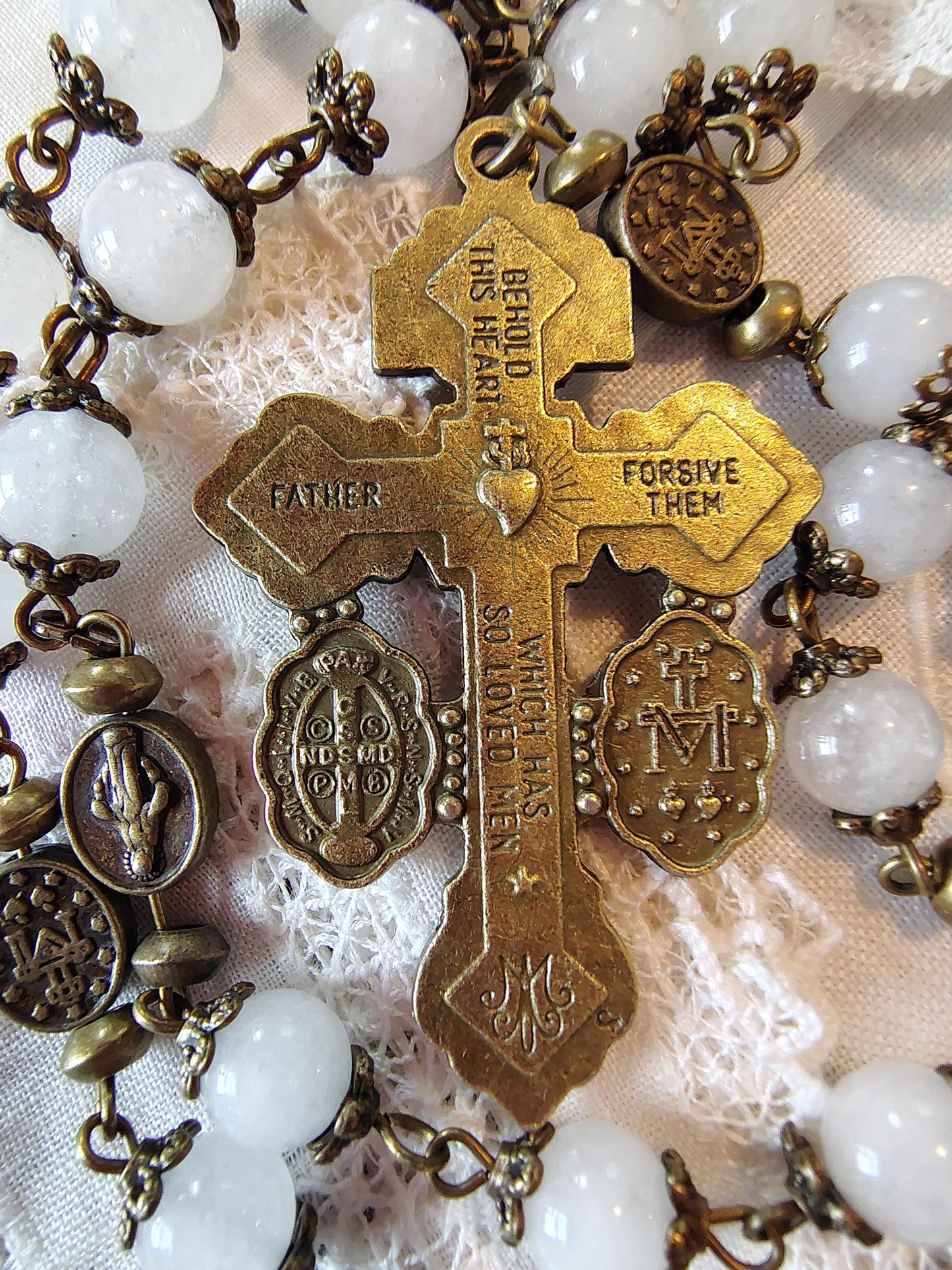 Saint Charbel Rosary White Jade Beads Bronze Tone accents gift packaged handmade Centerpiece with image of Saint Prayer Card