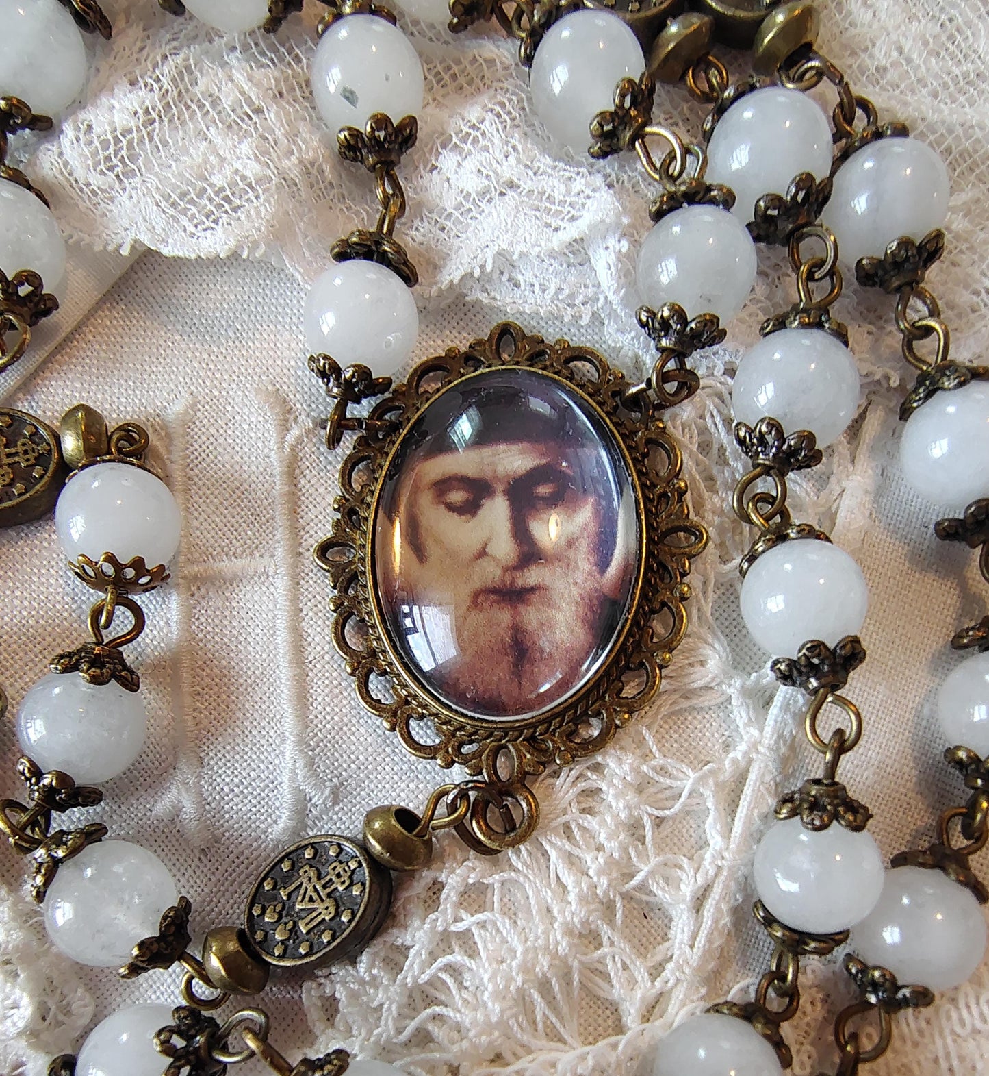 Saint Charbel Rosary White Jade Beads Bronze Tone accents gift packaged handmade Centerpiece with image of Saint Prayer Card