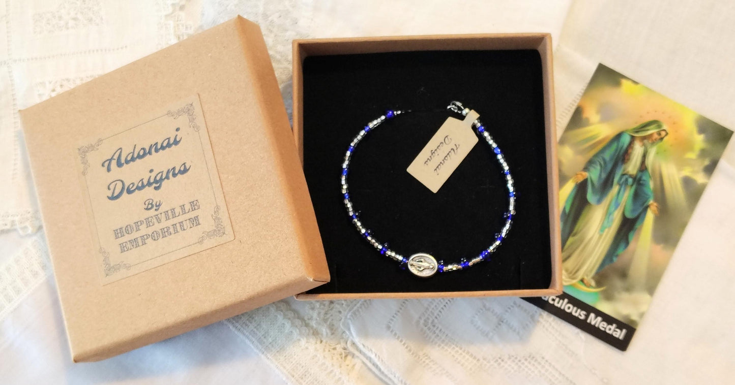 Handmade Miraculous Medal Bracelet: Miyuki Cobalt Beads, Silver Plated