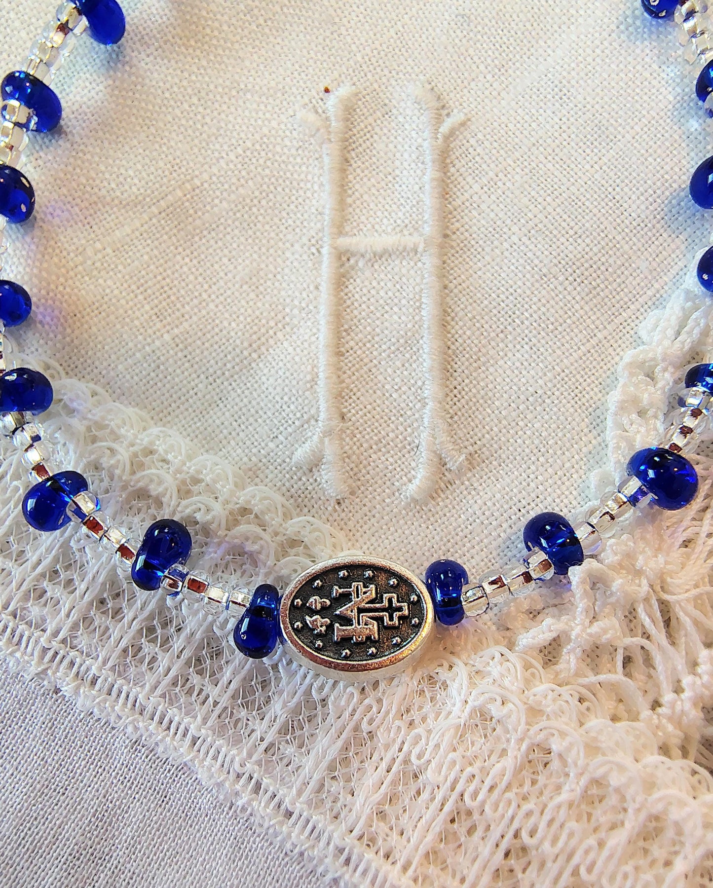 Handmade Miraculous Medal Bracelet: Miyuki Cobalt Beads, Silver Plated