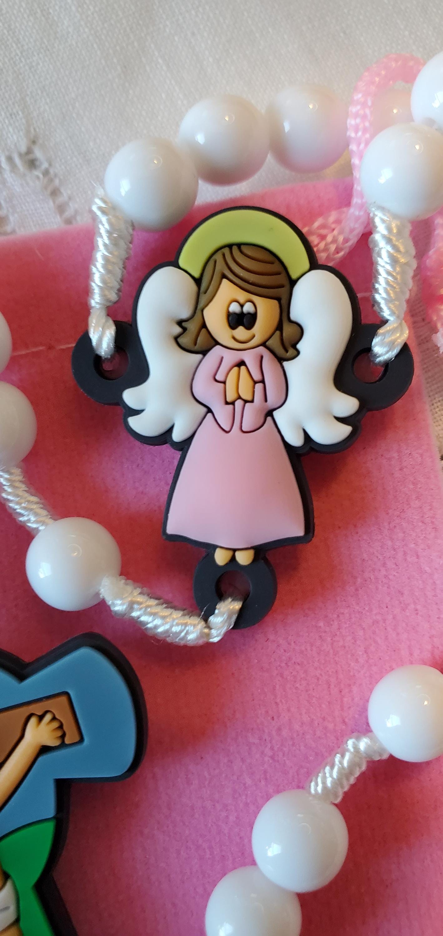 Children's Pink Guardian Angel Rosary Gift Set: Catholic First Communion knotted rosary children's prayer card velvet bag with crucifix, box