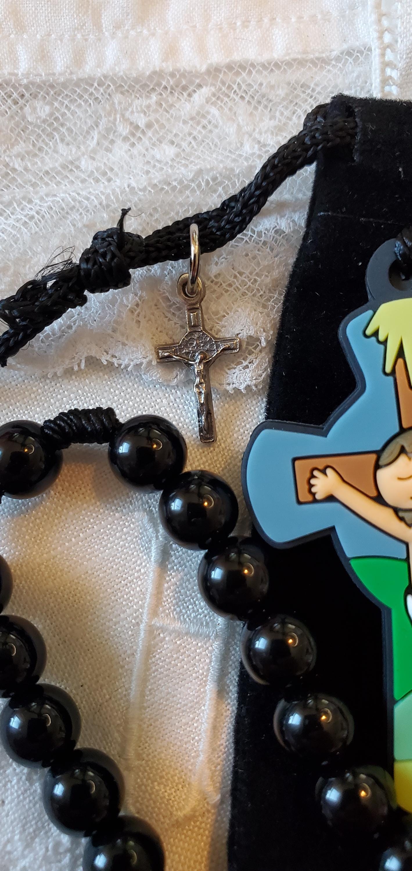 Children's Blue Guardian Angel Rosary Gift Set: Catholic First Communion knotted rosary children's prayer card velvet bag with crucifix