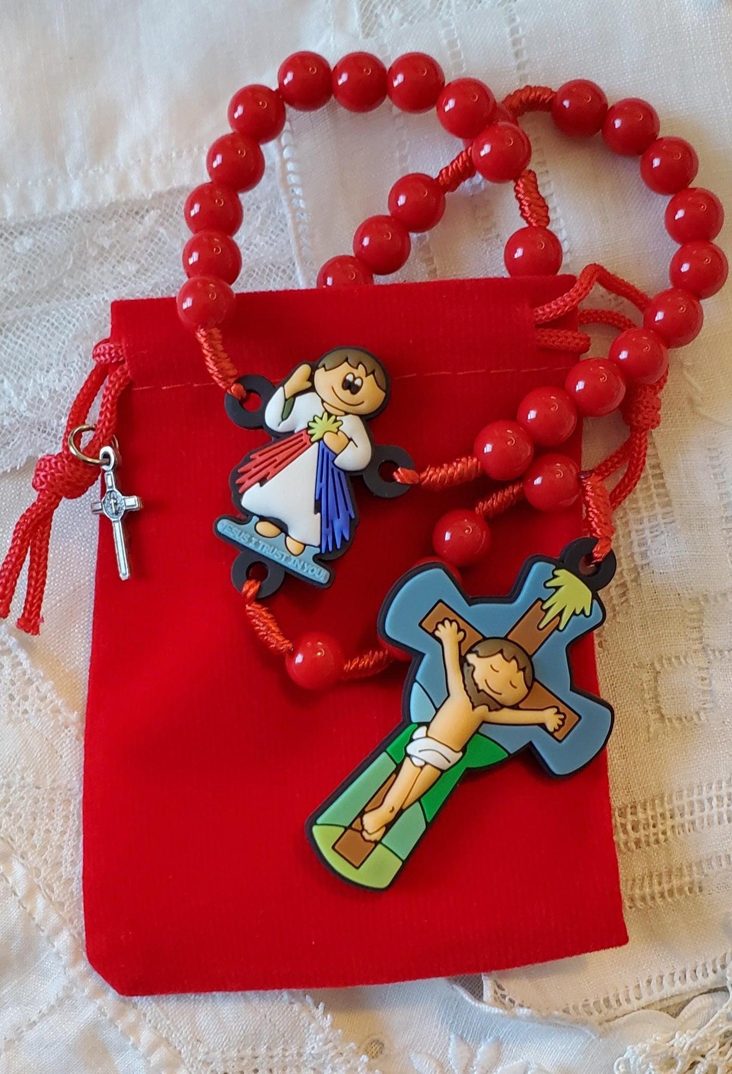 Children's Divine Mercy Rosary Gift Set: Catholic First Communion knotted rosary children's prayer card velvet bag with crucifix gift box