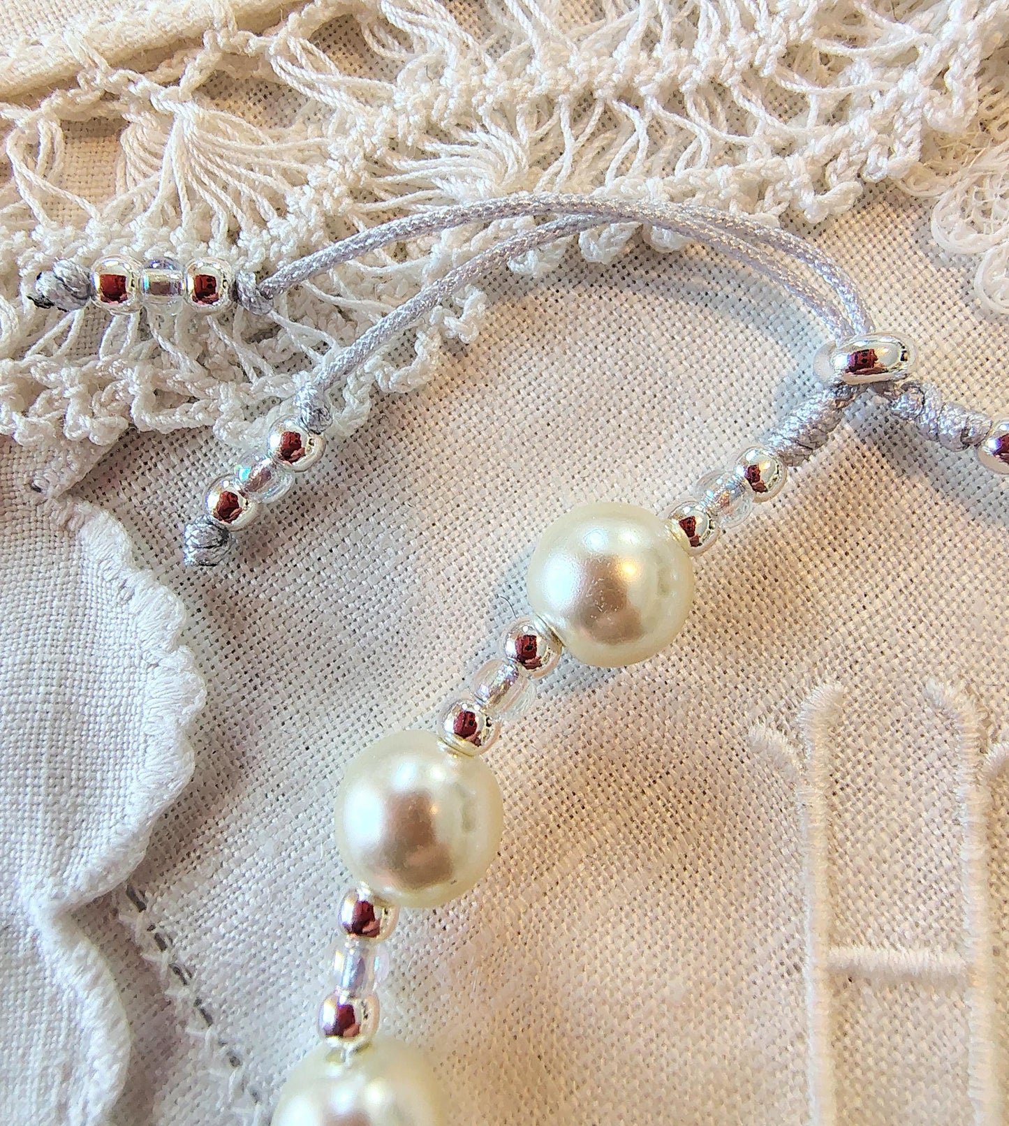 Miraculous Medal Pearl Bracelet: Silver Filled Beads, Adjustable Cord