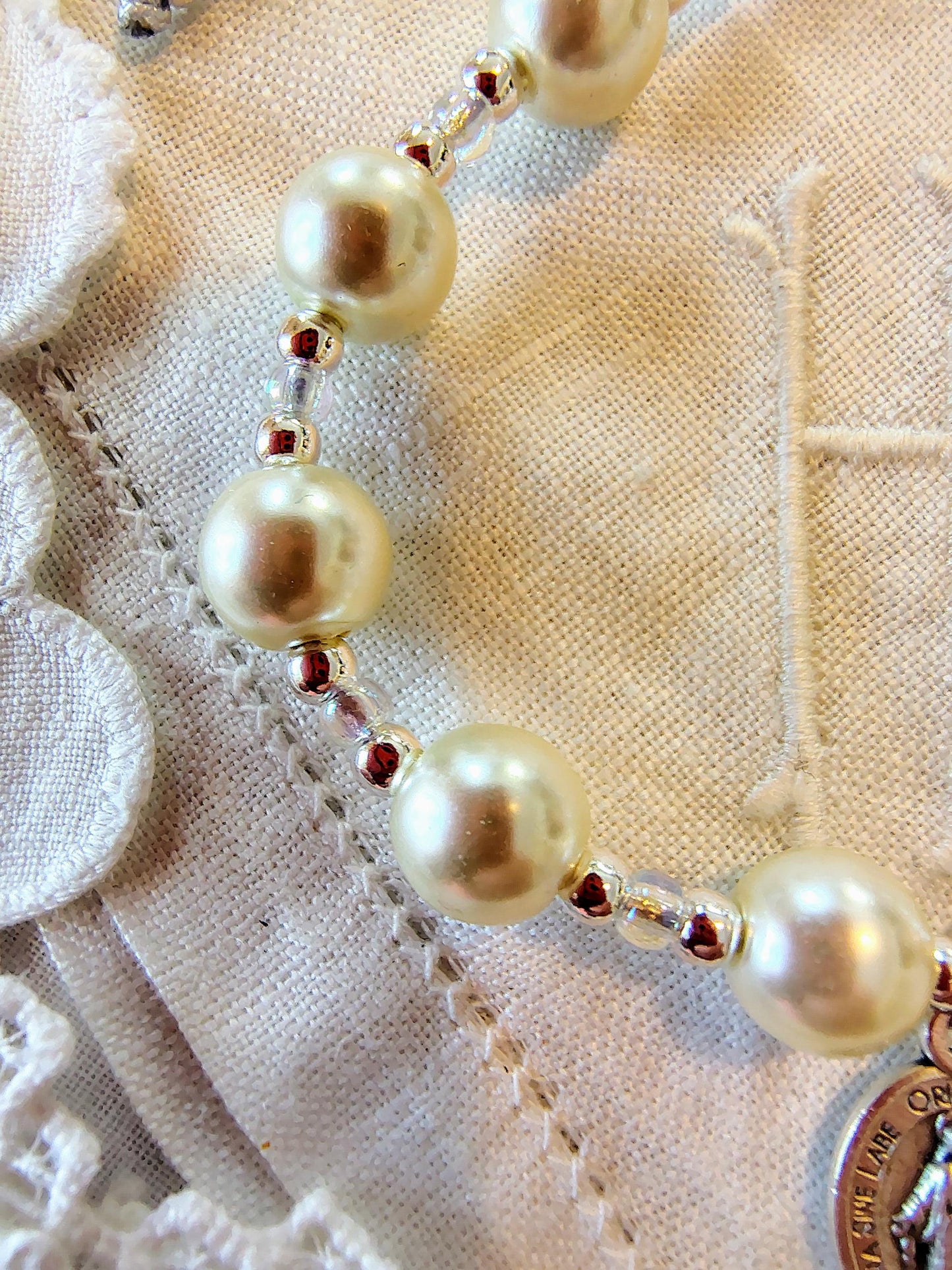Miraculous Medal Pearl Bracelet: Silver Filled Beads, Adjustable Cord