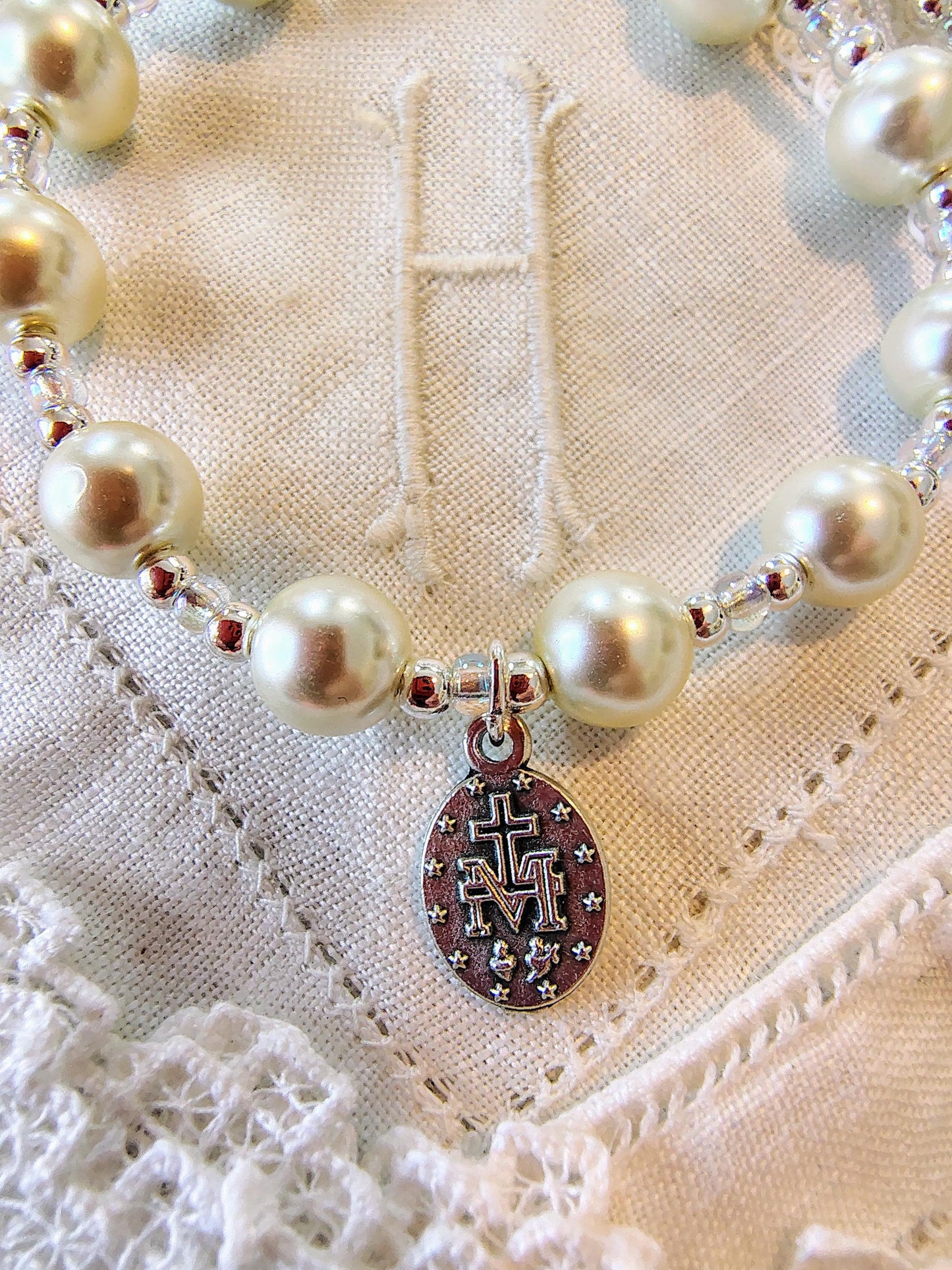 Miraculous Medal Pearl Bracelet: Silver Filled Beads, Adjustable Cord
