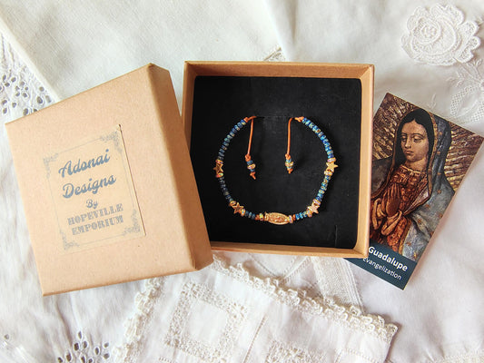 Our Lady of Guadalupe Bracelet: Miyuki Picasso Beads, AAA Crystal Rondelles leather Cord star shaped Gold tone beads sacred bead numbers.