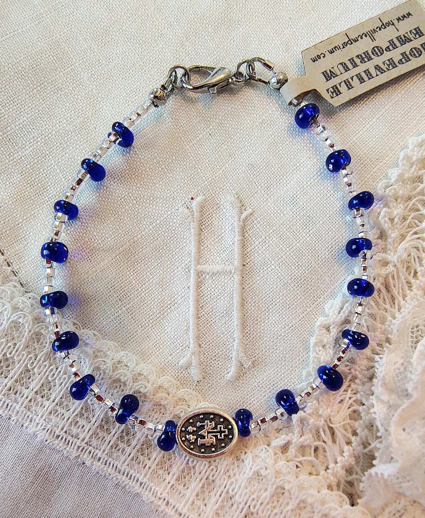 Handmade Miraculous Medal Bracelet: Miyuki Cobalt Beads, Silver Plated