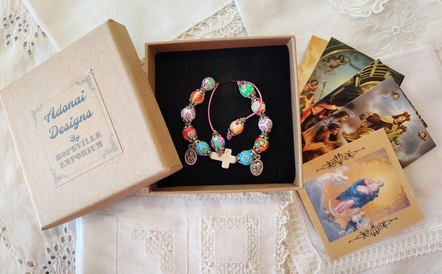 Divine Mercy Rosary Bracelet adjustable, scalpular cross, Rhinestone Polymer Clay Beads, crystal spacers, crystal rondelles, hand knotted