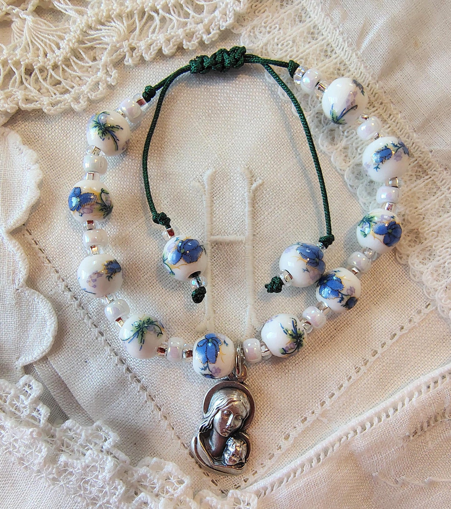 Customizable Madonna and Child Bracelet Floral Porcelain Beads, Adjustable Rosary, Miyuki Spacer beads, prayer card