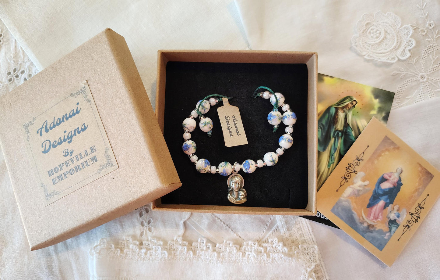 Customizable Madonna and Child Bracelet Floral Porcelain Beads, Adjustable Rosary, Miyuki Spacer beads, prayer card
