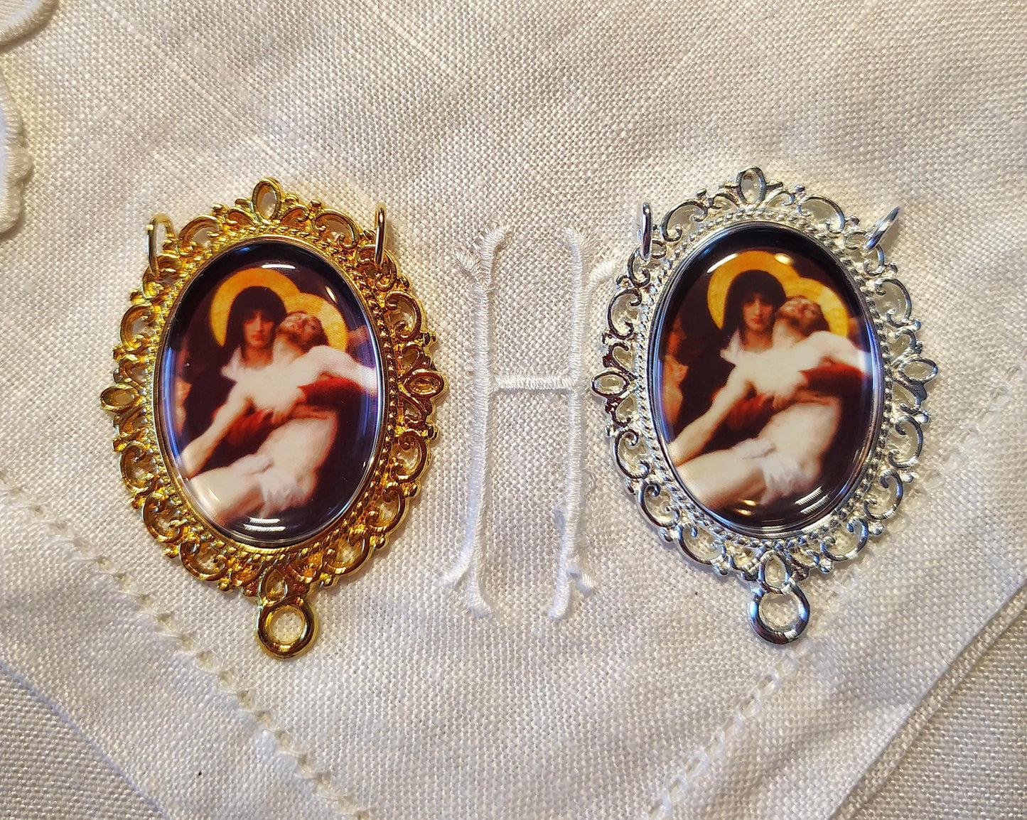 Rosary Centerpiece Bouguereau Pieta Silver or Gold-Plated Catholic Pendant Czech Preciosa Crystal Chaplet Connector Our Lady of Sorrows