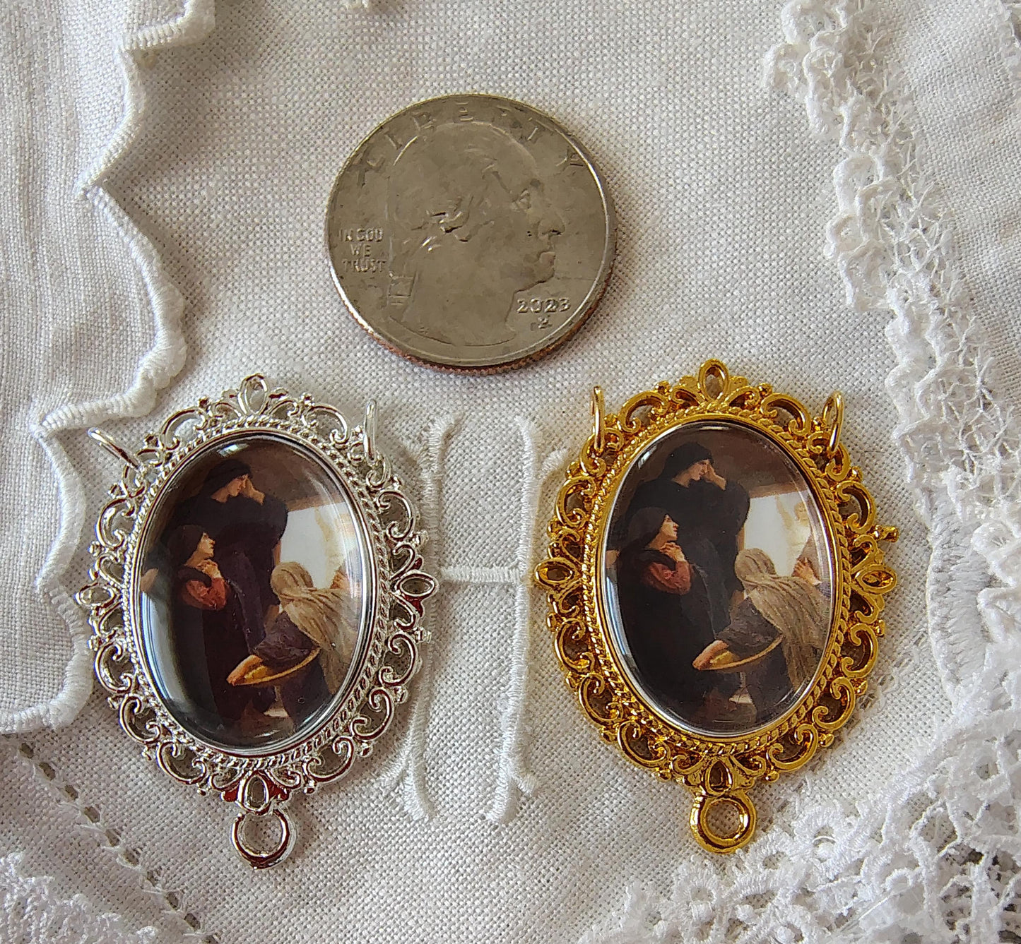 Rosary Centerpiece Bouguereau Holy Women at the Tomb Silver or Gold-Plated Catholic Pendant Chaplet Connector