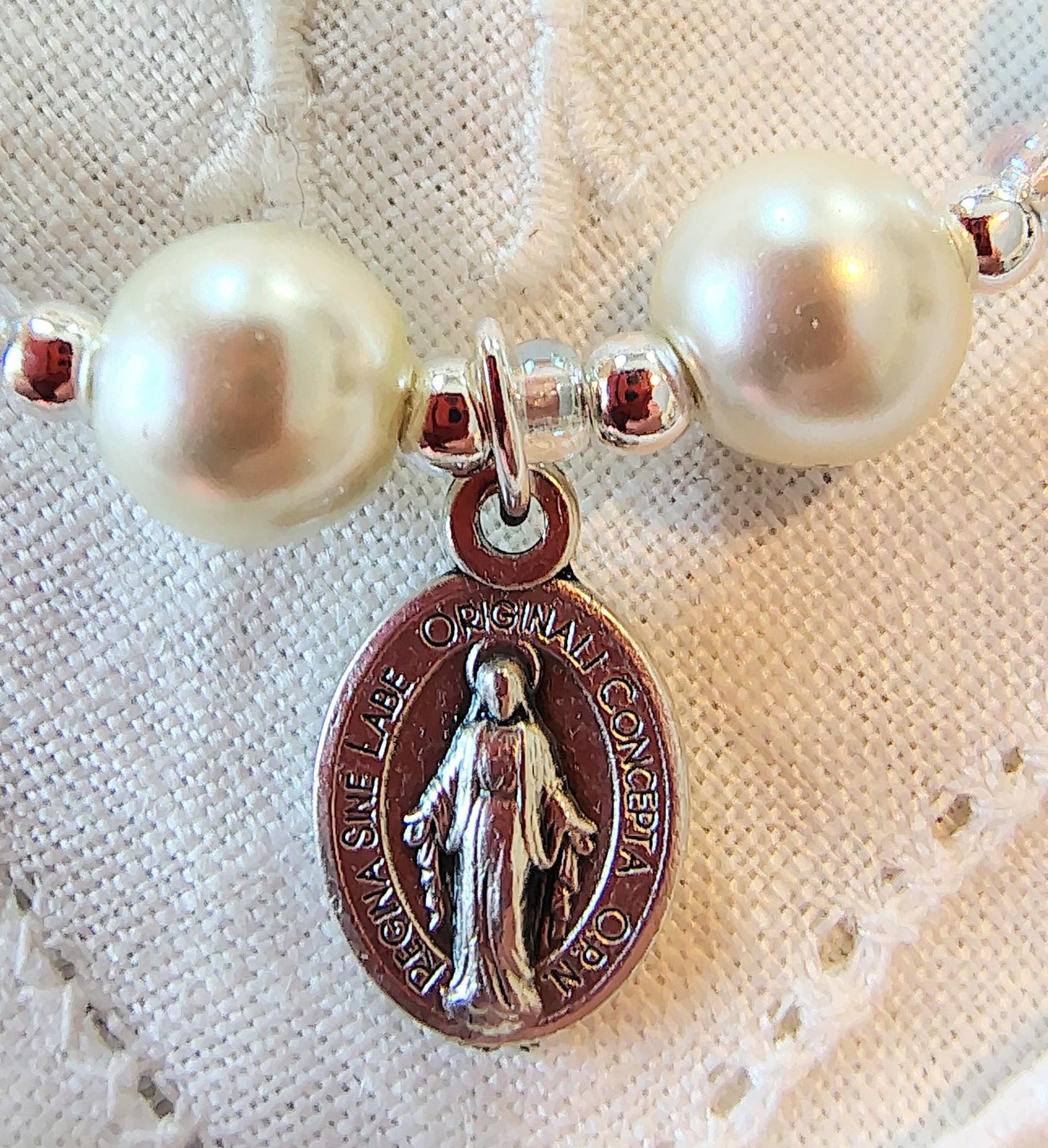 Miraculous Medal Pearl Bracelet: Silver Filled Beads, Adjustable Cord