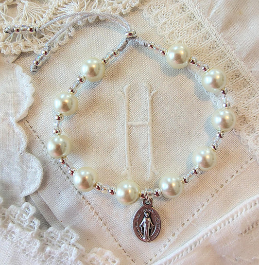 Miraculous Medal Pearl Bracelet: Silver Filled Beads, Adjustable Cord