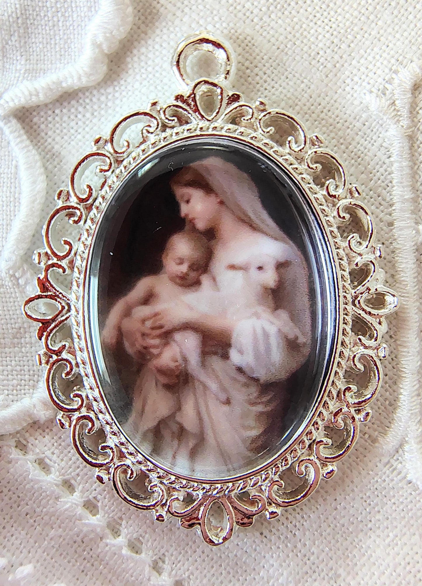 Rosary Centerpiece Bouguereau Innocence Silver or Gold-Plated Catholic Pendant Czech Crystal Chaplet Connector Madonna and Child