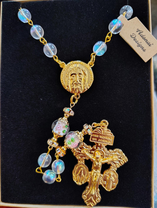 Holy Face Rosary: Rose Lampwork Beads, Gold Pardon Crucifix