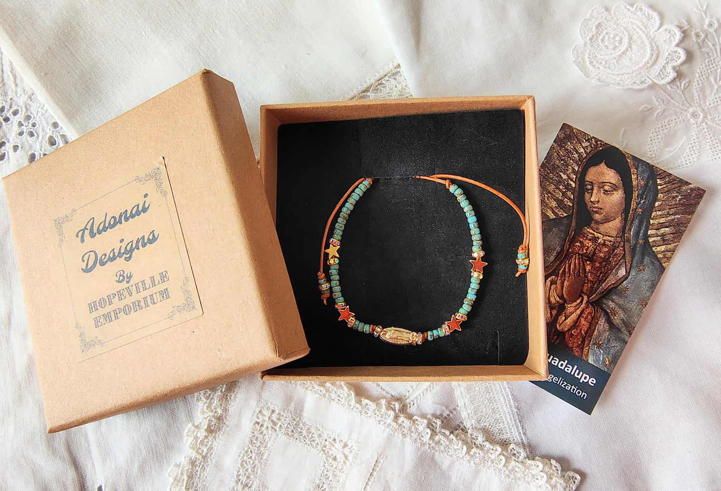 Our Lady of Guadalupe Bracelet: Miyuki Picasso Beads, AAA Crystal Rondelles leather Cord star shaped Gold tone beads sacred bead numbers.
