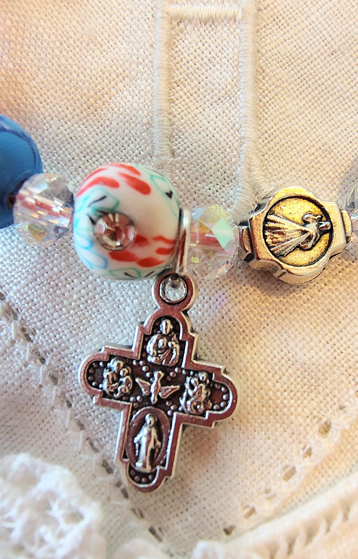 Divine Mercy Rosary Bracelet adjustable, scalpular cross, Rhinestone Polymer Clay Beads, crystal spacers, crystal rondelles, hand knotted