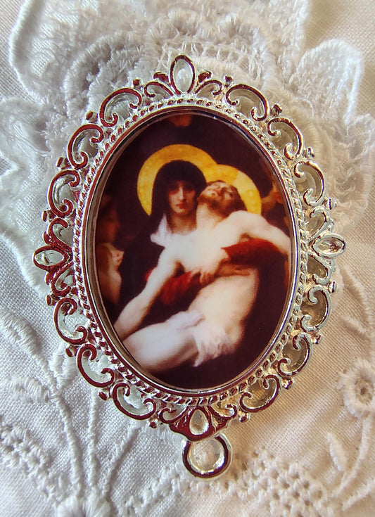 Rosary Centerpiece Bouguereau Pieta Silver or Gold-Plated Catholic Pendant Czech Preciosa Crystal Chaplet Connector Our Lady of Sorrows