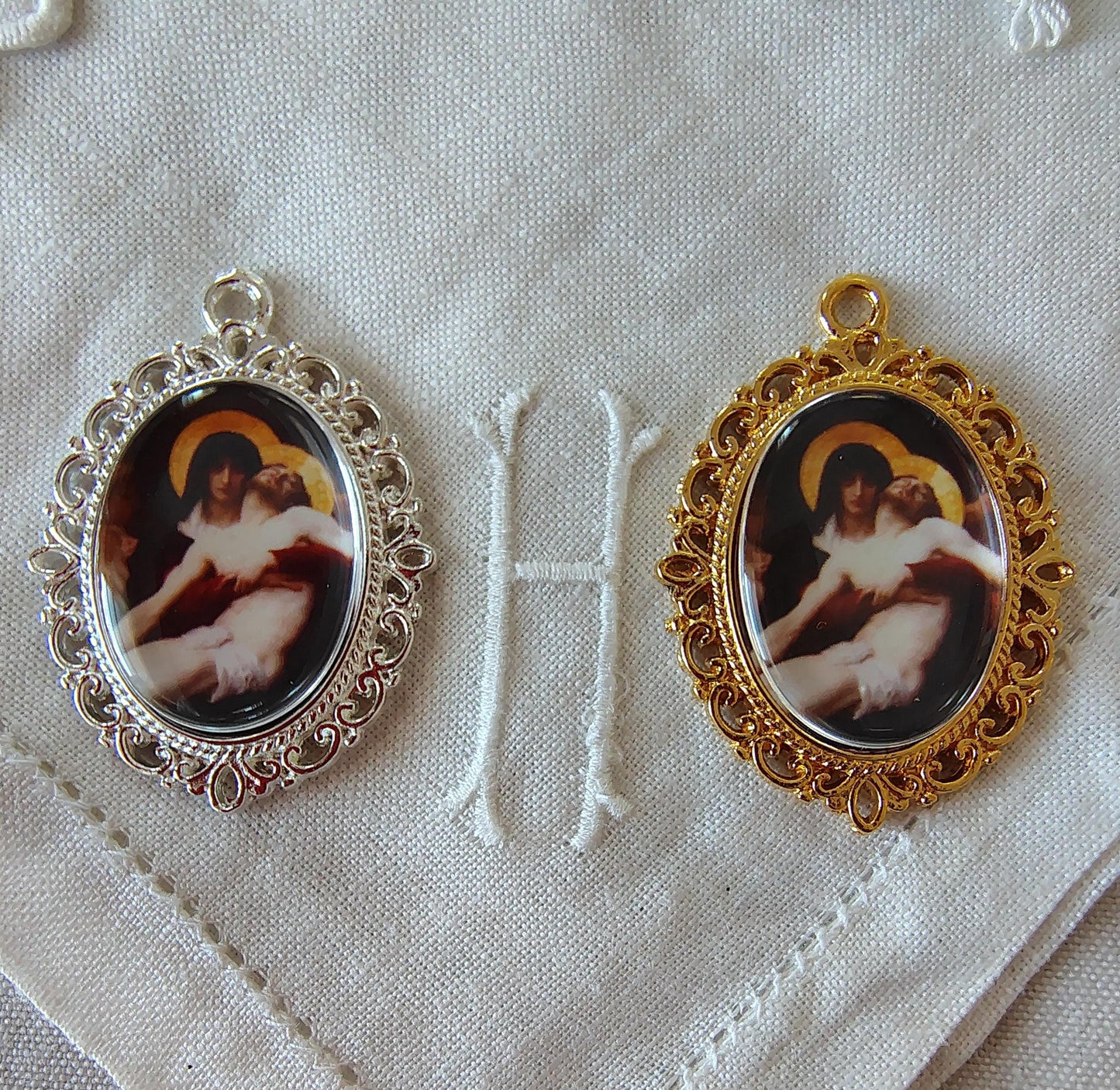 Rosary Centerpiece Bouguereau Pieta Silver or Gold-Plated Catholic Pendant Czech Preciosa Crystal Chaplet Connector Our Lady of Sorrows