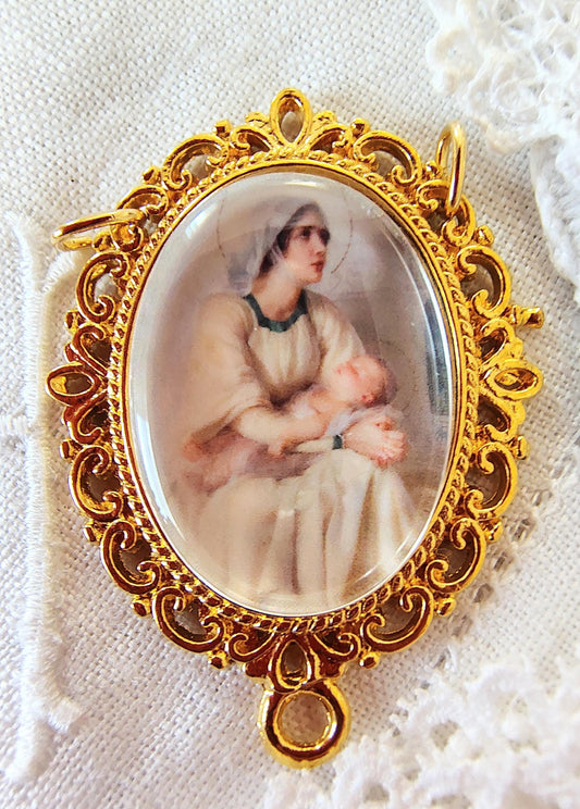 Rosary Centerpiece Bouguereau Madonna and Child Silver or Gold-Plated Catholic Pendant Czech Crystal Chaplet Connector Nativity