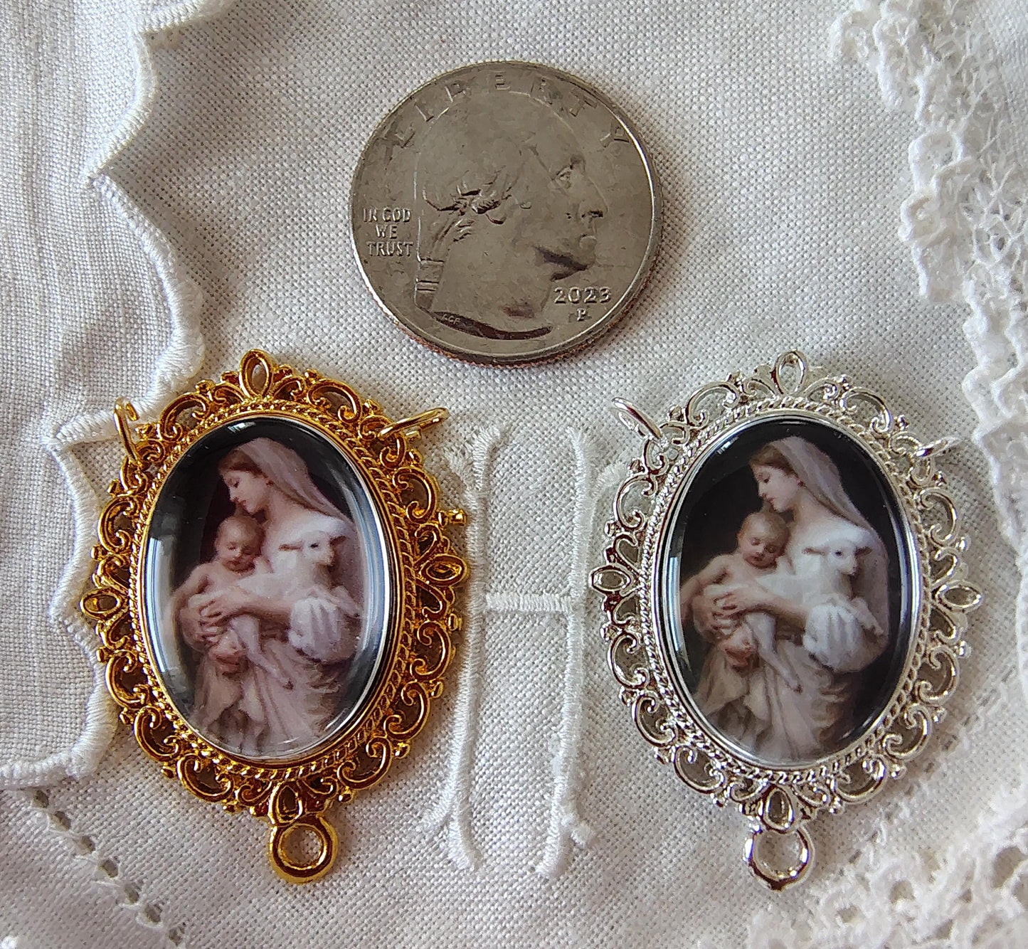 Rosary Centerpiece Bouguereau Innocence Silver or Gold-Plated Catholic Pendant Czech Crystal Chaplet Connector Madonna and Child