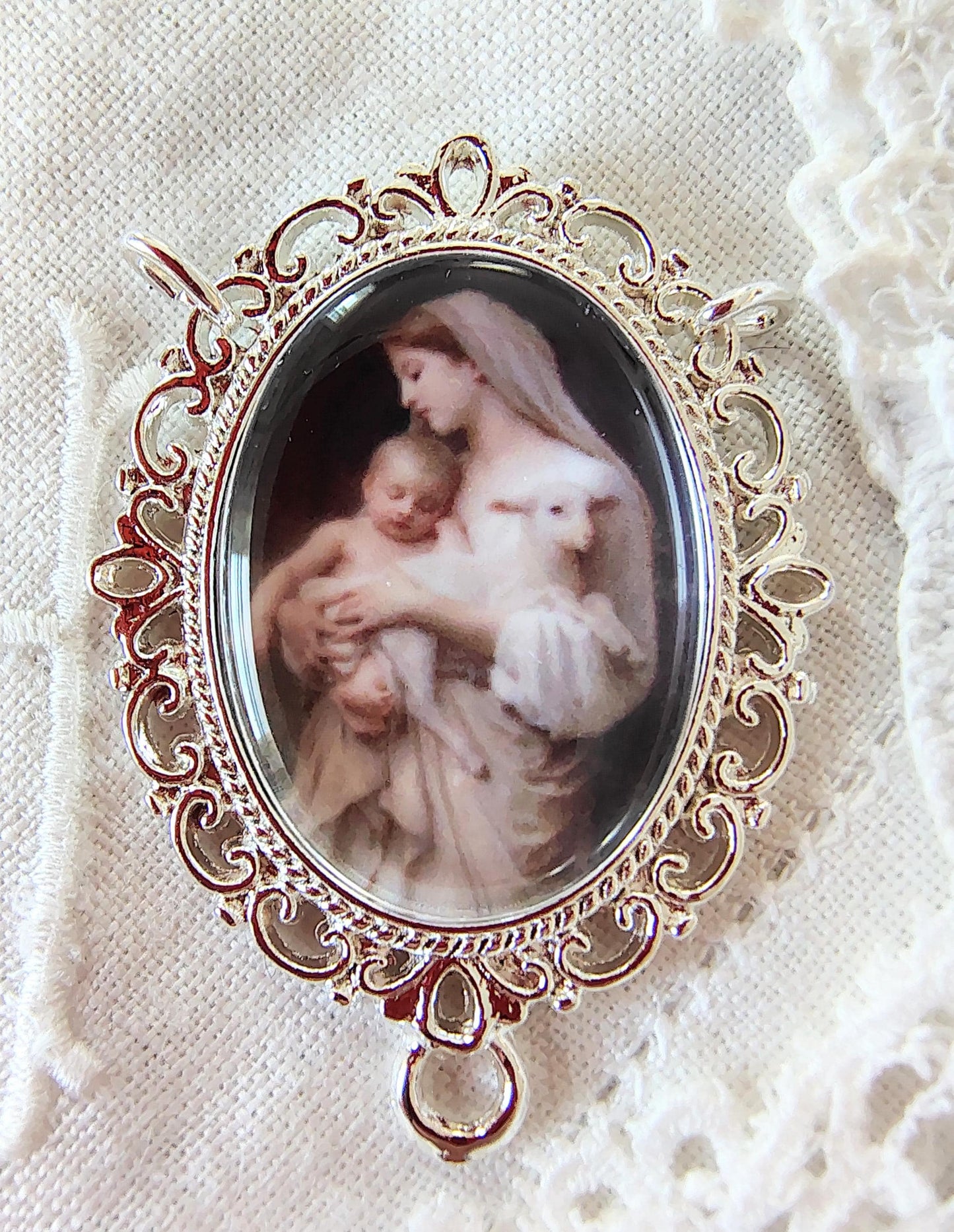 Rosary Centerpiece Bouguereau Innocence Silver or Gold-Plated Catholic Pendant Czech Crystal Chaplet Connector Madonna and Child