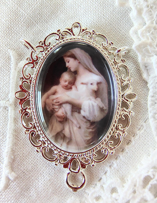 Rosary Centerpiece Bouguereau Innocence Silver or Gold-Plated Catholic Pendant Czech Crystal Chaplet Connector Madonna and Child