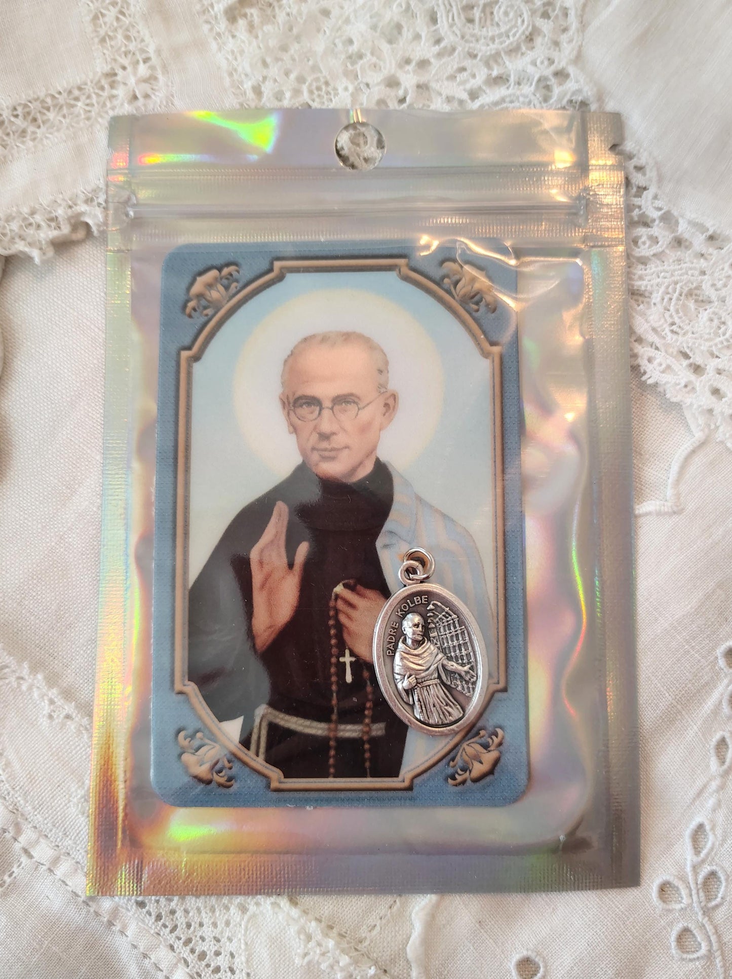 Maximilian Kolbe Medal & Prayer Card Gift Set patron Saint of Addiction Recovery Devotional imported Italian Medal
