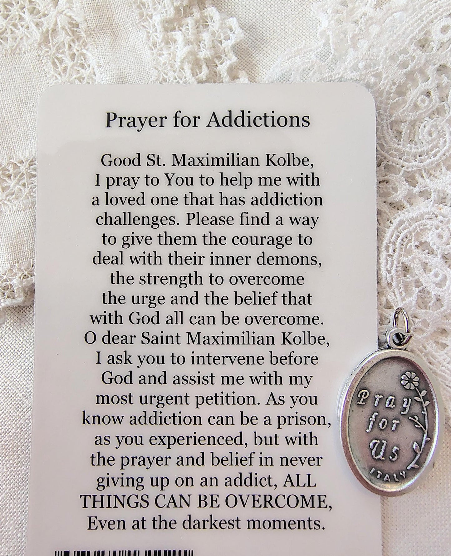 Maximilian Kolbe Medal & Prayer Card Gift Set patron Saint of Addiction Recovery Devotional imported Italian Medal