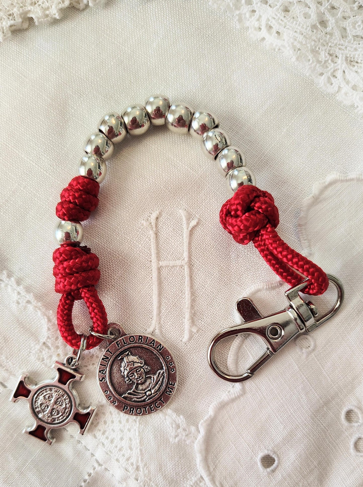 Hand Knotted Paracord St. Florian Tenner Rosary Firefighter Gift imported Italian Medal and Saint Benedict Enamel Cross prayer card gift box