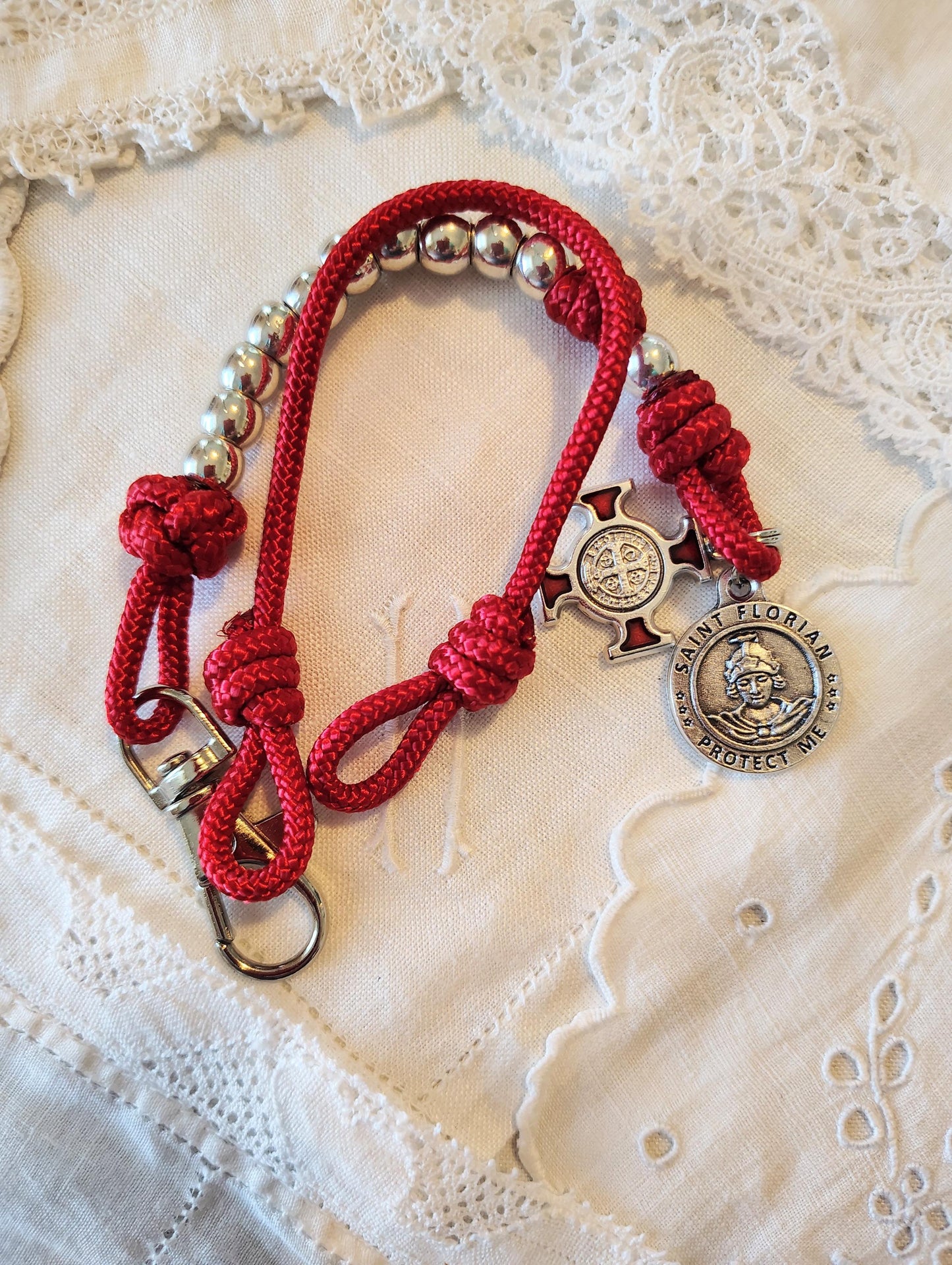 Hand Knotted Paracord St. Florian Tenner Rosary Firefighter Gift imported Italian Medal and Saint Benedict Enamel Cross prayer card gift box