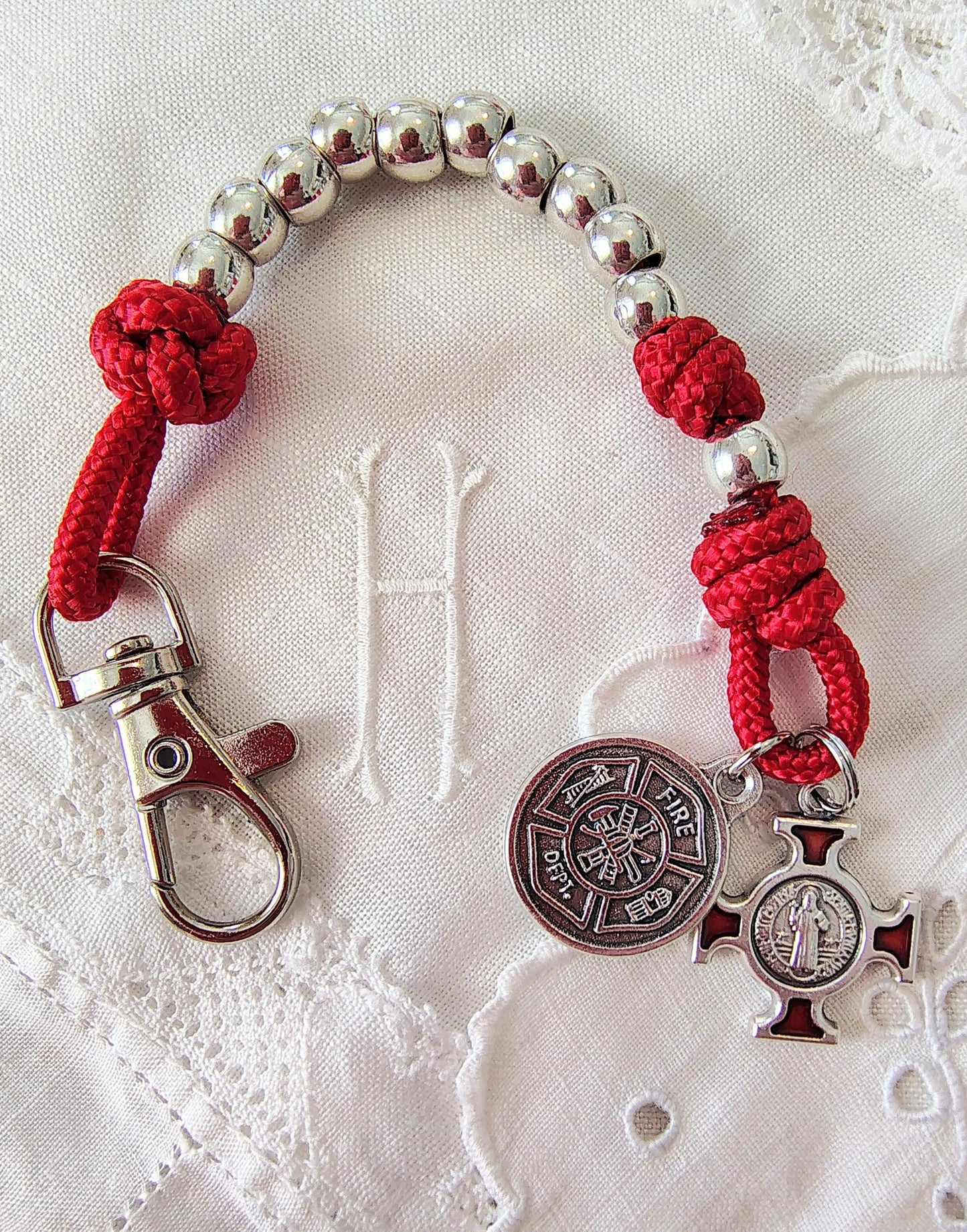 Hand Knotted Paracord St. Florian Tenner Rosary Firefighter Gift imported Italian Medal and Saint Benedict Enamel Cross prayer card gift box
