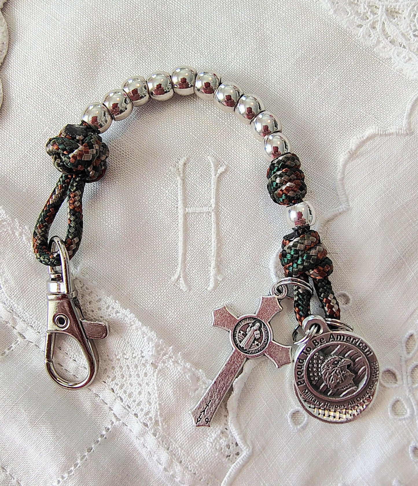 Customizable by branch Military Hand Knotted Paracord Tenner Rosary gift Set Saint Michael, St. Benedict, Warrior Medal, Prayer Cards