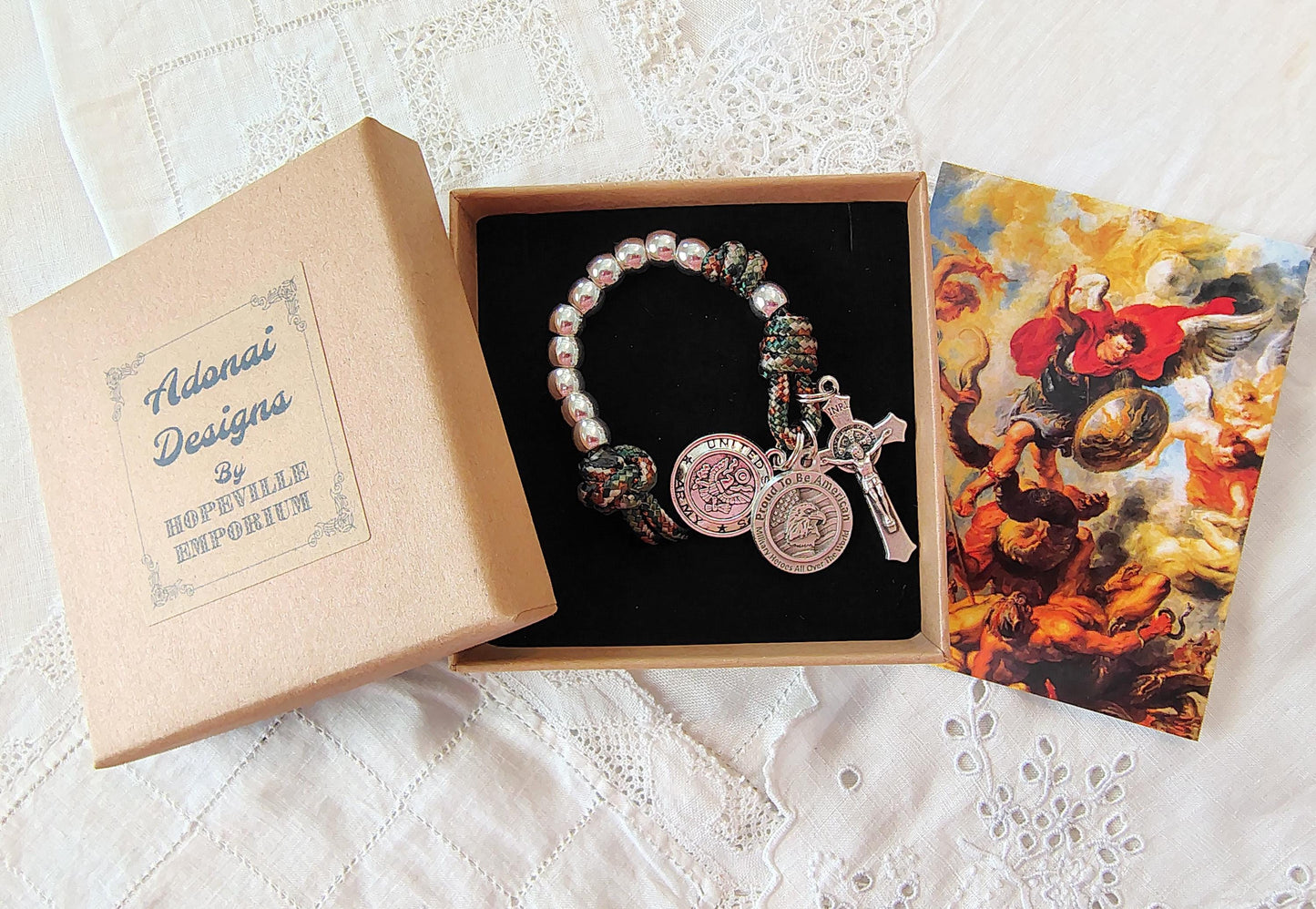 Customizable by branch Military Hand Knotted Paracord Tenner Rosary gift Set Saint Michael, St. Benedict, Warrior Medal, Prayer Cards