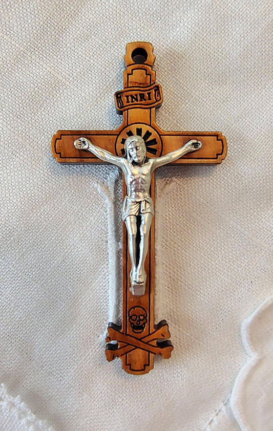 Olive wood Golgotha Crucifix pendant or Rosary Part Imported from Italy Zamac Alloy Corpus Laser engraved and polished