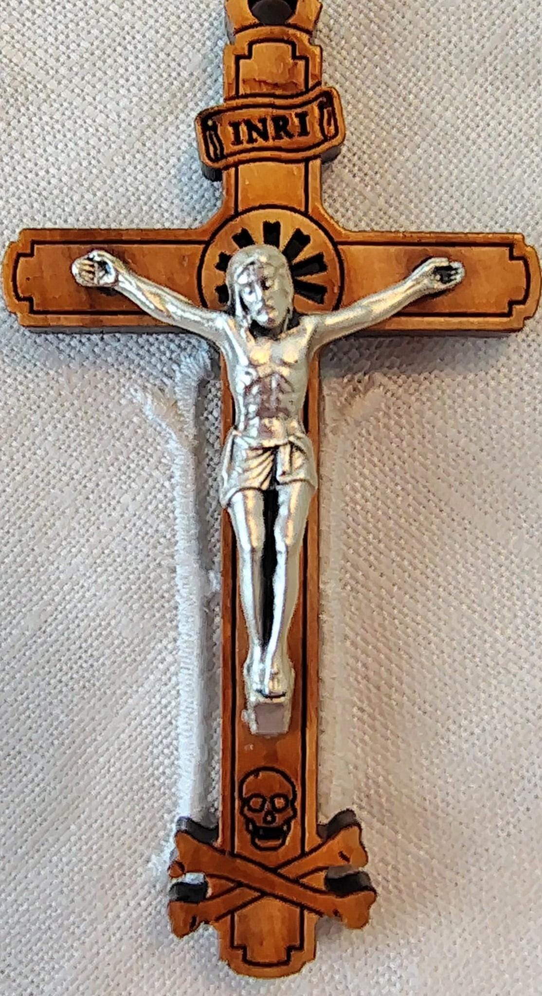 Olive wood Golgotha Crucifix pendant or Rosary Part Imported from Italy Zamac Alloy Corpus Laser engraved and polished