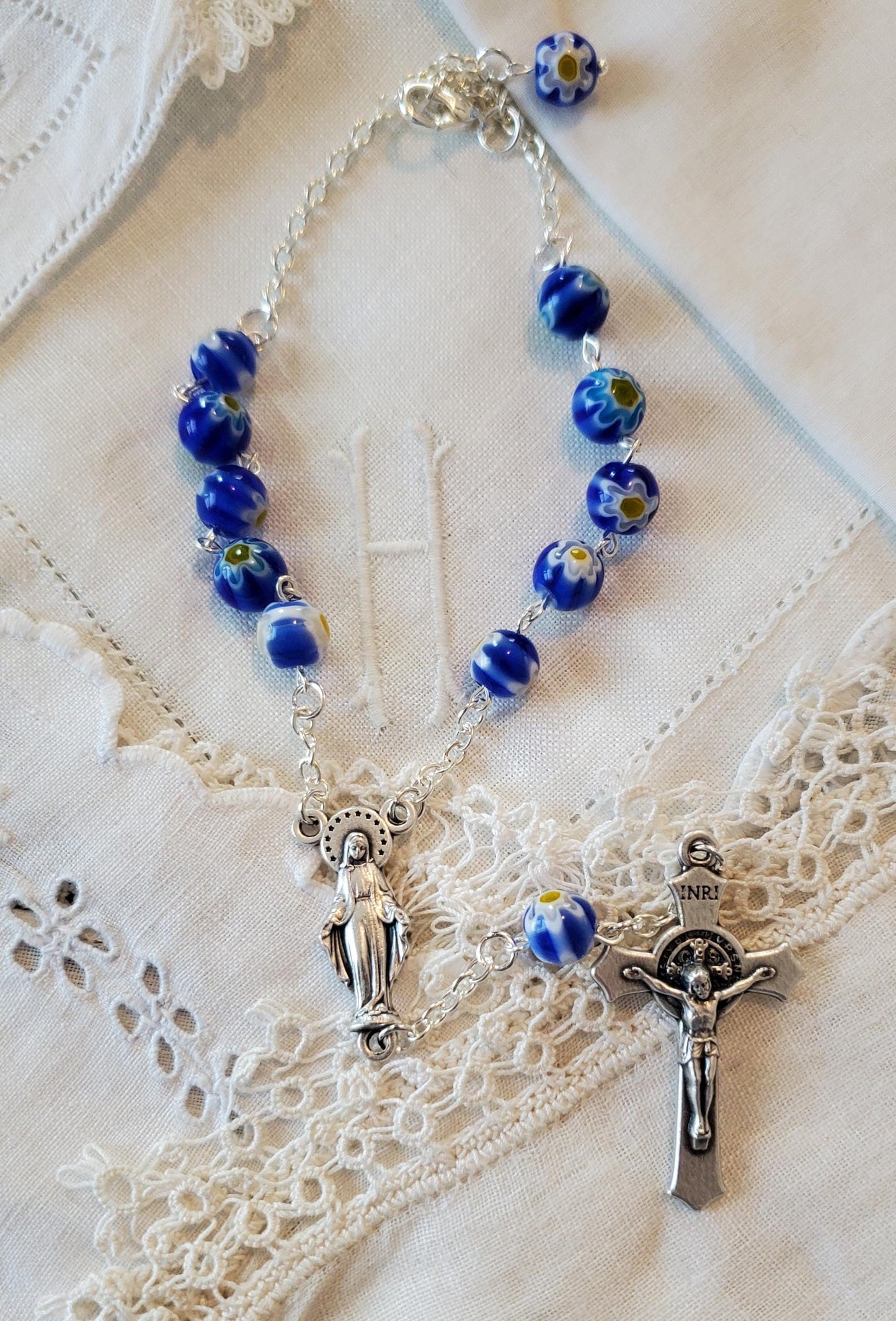 Millefiori blue white yellow handpinned Our Lady of Grace Car Rosary Saint Benedict Crucifix, Silver Plated, Lady of Grace centerpiece
